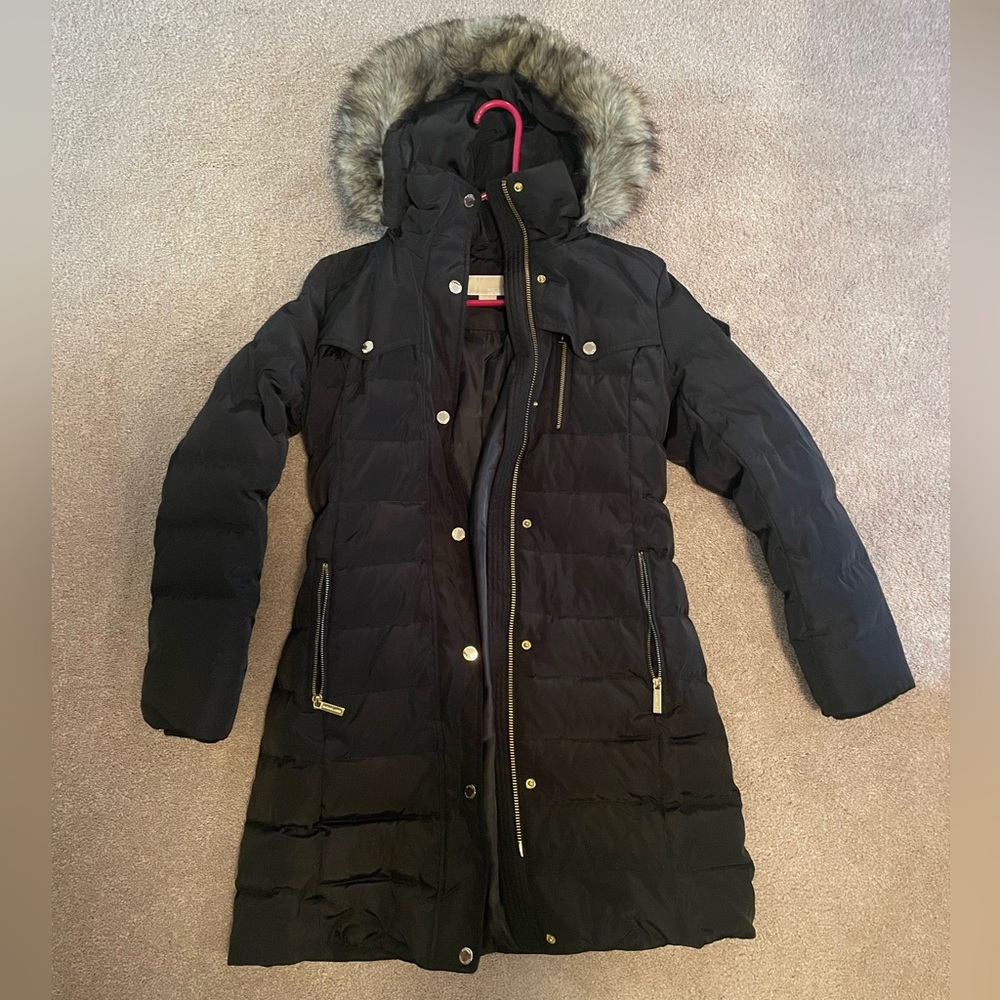Michael Kors Black Puffer Jacket with Faux Fur Trim and removable hood, small